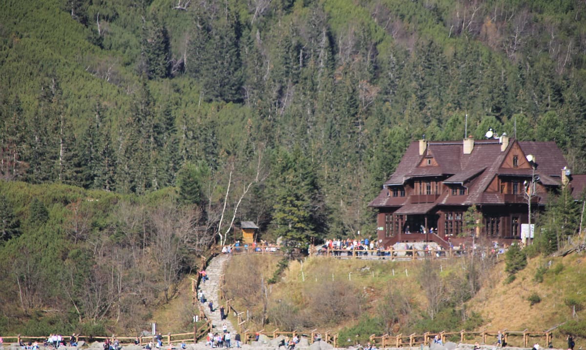 The wooden mountain hut above the shore of Morskie Oko lake in the Tatras